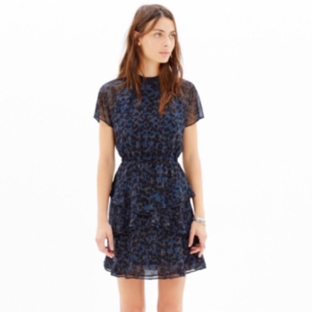 Madewell Blue/Tan Leopard Tiered Dress